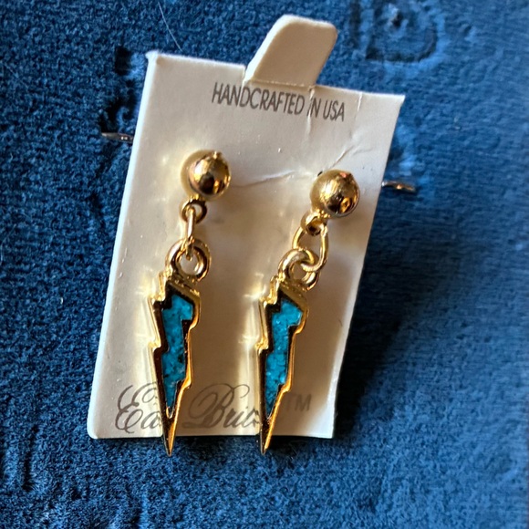 Gold Lightning Bolt Drop Earrings with Turquoise Inlay - Picture 3 of 6